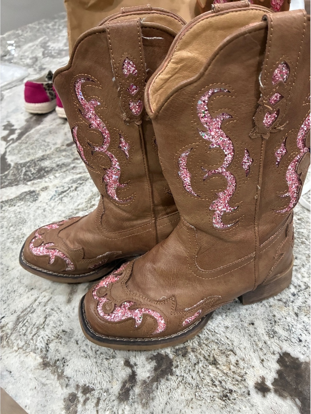 Roper Little Kids 2 Brown Leather Cowboy Boots with Pink Glitter Accents Size 2
